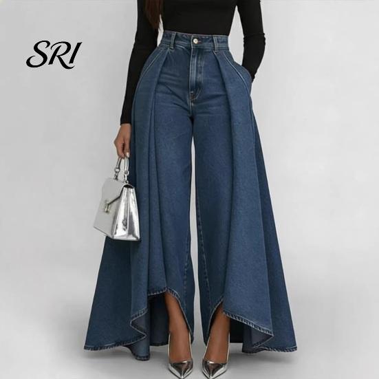Simple Design Women Trousers Pants High Waist Buttons Zipper Closure Denim with Everyday Pockets Irregular Large Hem Wide Leg Solid Color Casual Loose