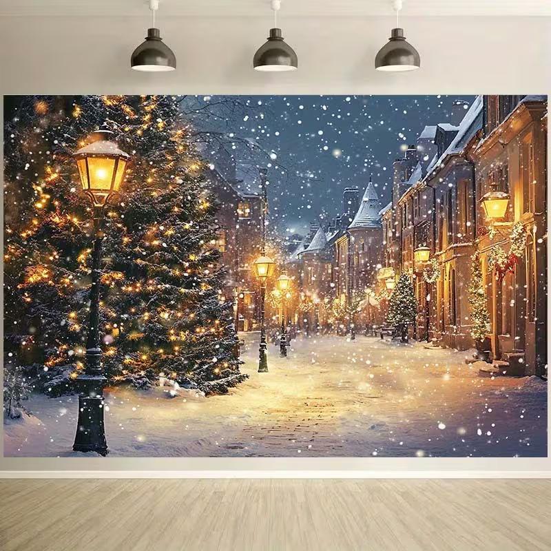 2D Christmas Night Street Scene Backdrop with Lamps & Snowflakes for Holiday Decoration
