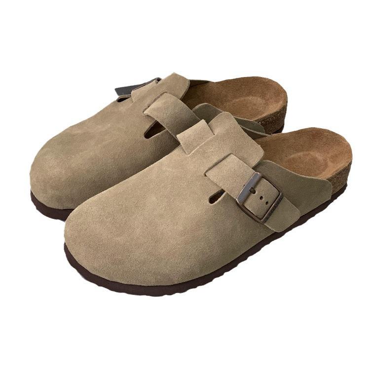 Boken 2024 Autumn Women's Genuine Leather Cork Mule Slippers: Closed-Toe Cow Suede, Flat Bottom, Outdoor Wear.
