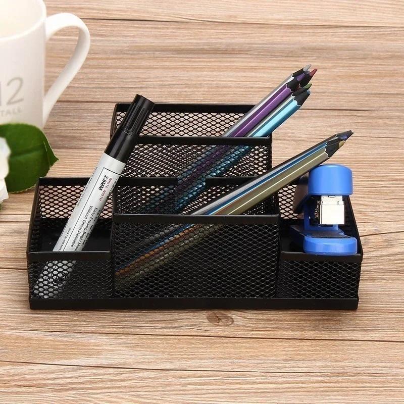 Multifuncional Desk Metal Mesh Pen Holder Organizer Office School Stationery Storage Box Pencil Case Stand Desktop Accessories