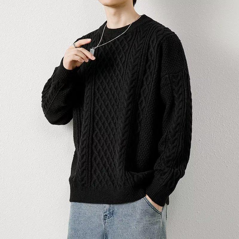 Men's Retro Cable Knit Sweater - Round Neck, Loose Fit, Trendy Autumn/Winter Woolen Knitwear for Teens