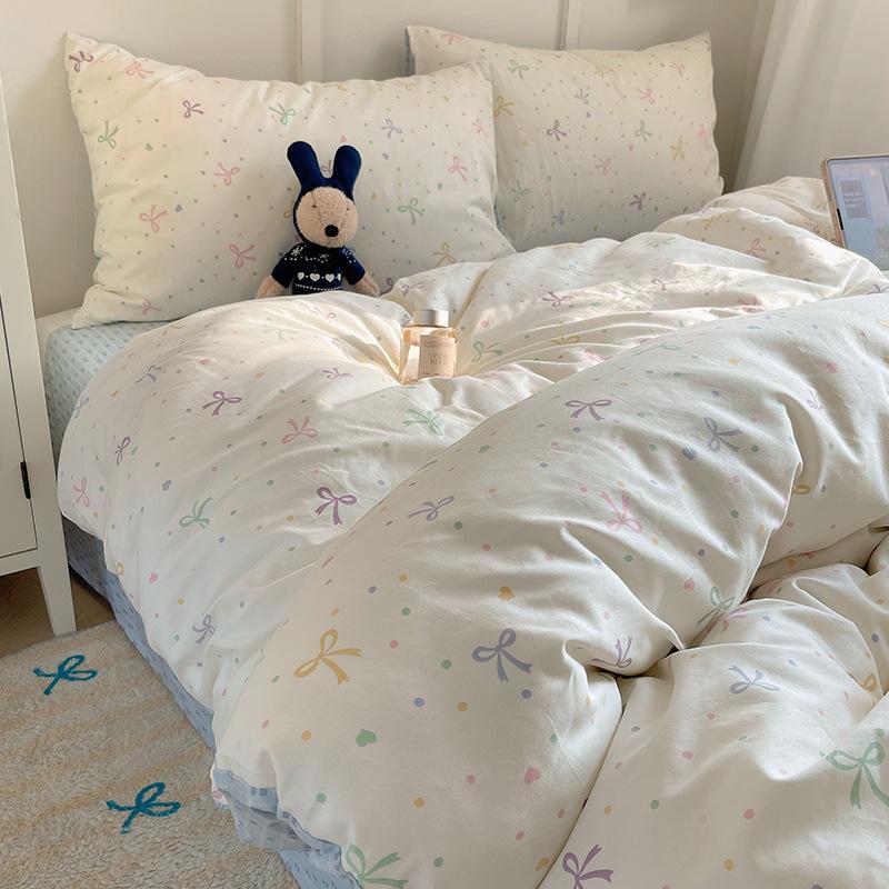 100% Pure Cotton Bed Four-piece Set Skin-friendly Water Wash Bed Sheet Quilt Cover Pillowcase Set