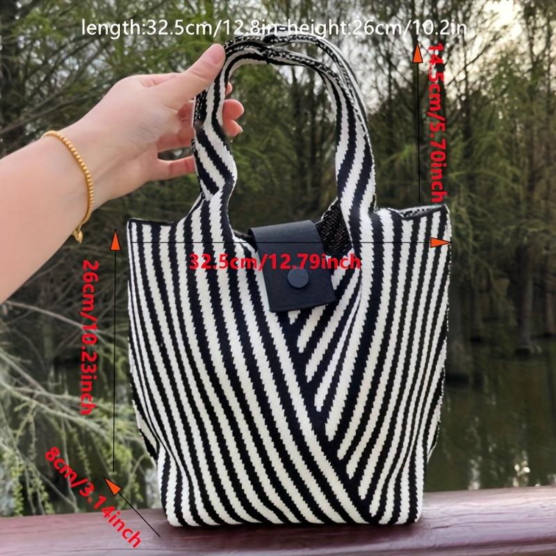 Striped Pattern Knitted Handbag Fashion Crochet Bag For Women Aesthetic Bucket Bag With Snap Button