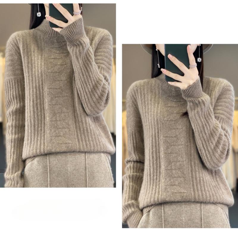 IHUASU Autumn and Winter Wool Sweater Women's Semi-high Neck Jumper Loose Large Size Versatile Knitted Bottoming Shirt Thin Cashmere Sweater