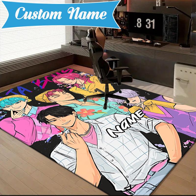 Custom Name KPop Cartoon Rug for Living Room, Game Rooms, Office, Bedroom, Floor Mat Playful Design, fan gifts Christmas decor