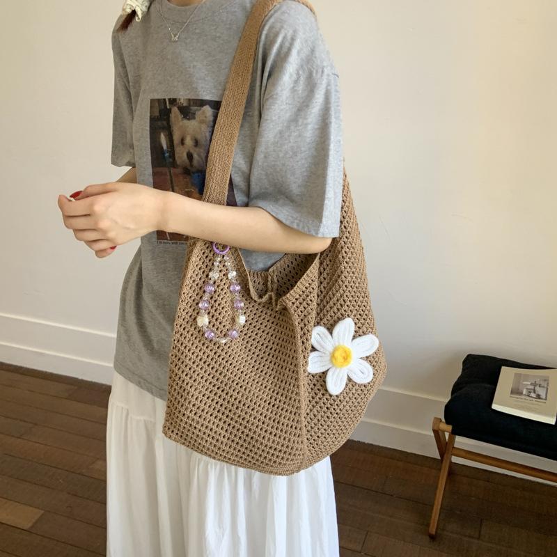 Woven Bag Women's New Shoulder Tote Bag Lazy Wind Knitted Hollow Flower Beach Bag