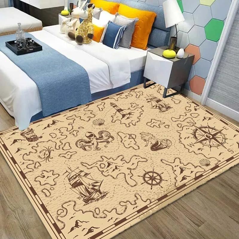Retro Treasure Map Area Rug Carpet for Living Room Bedroom Children Play Mat Sofa Chair Home Decor Floor Mat Bedroom Decor Rugs
