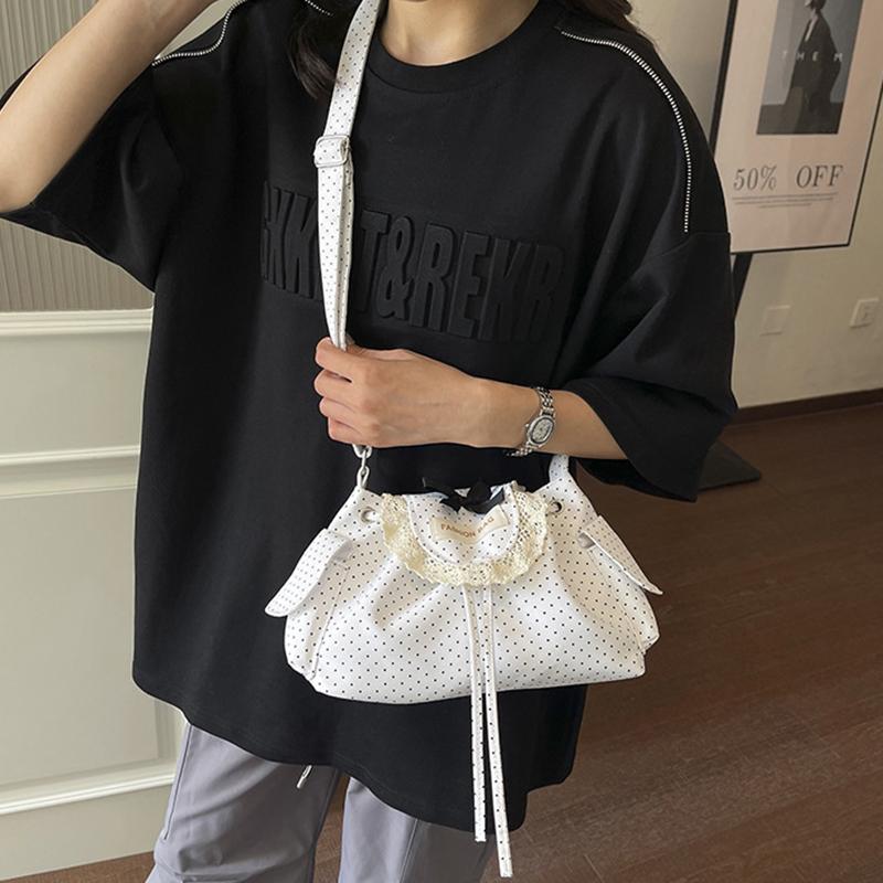 Yogodlns Lace Polka Dot Shoulder Bag Cute Drawstring Flap Crossbody Handbag Sweet Vintage Messenger Purse Daily Casual