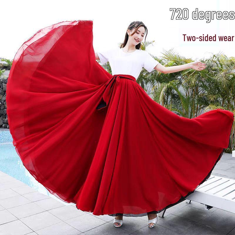 Two-Sided Chiffon Dance Skirt: Performance Long Dress with 540°/720° Swirl, Half-Body, Dual-Color Design