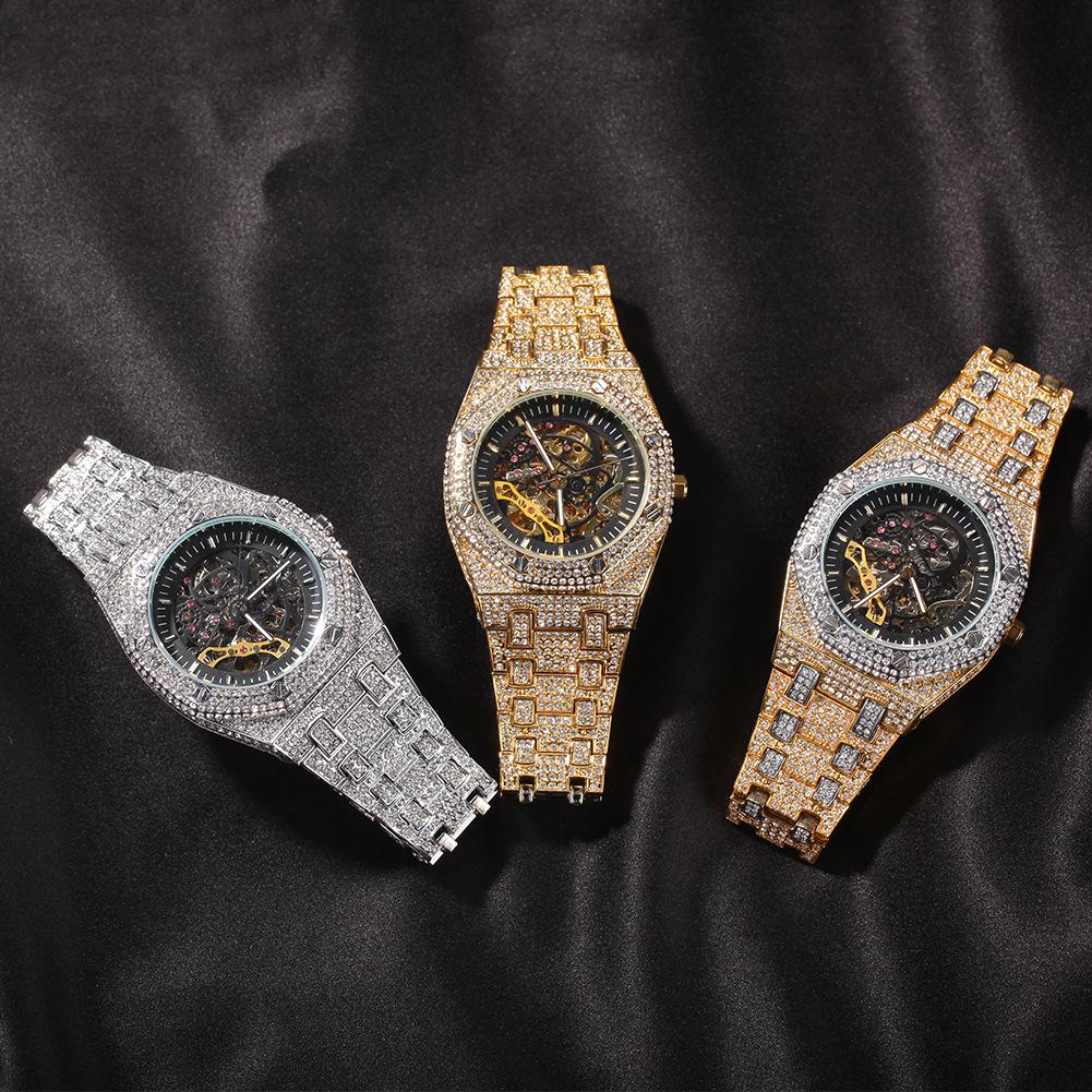 Men's Hip Hop Diamond Skeleton Transparent Mechanical Watch - Fashionable New Design