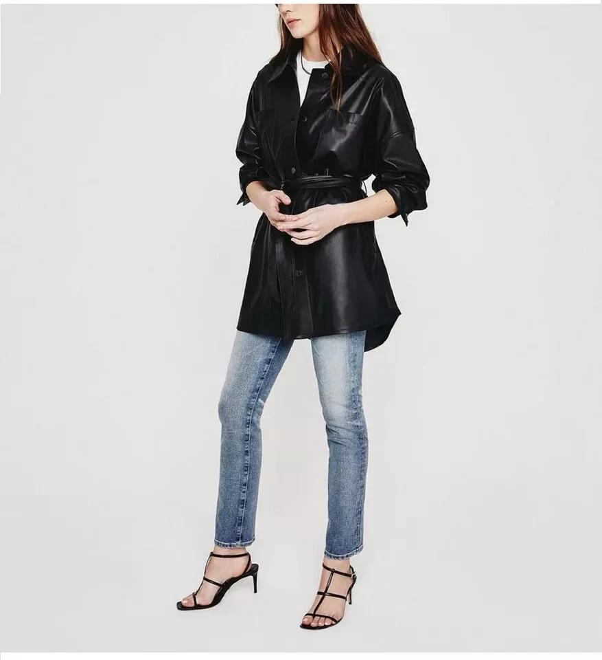 Casual Formal Wear Women's Genuine Lambskin Leather Shirt Stylish Black Handmade