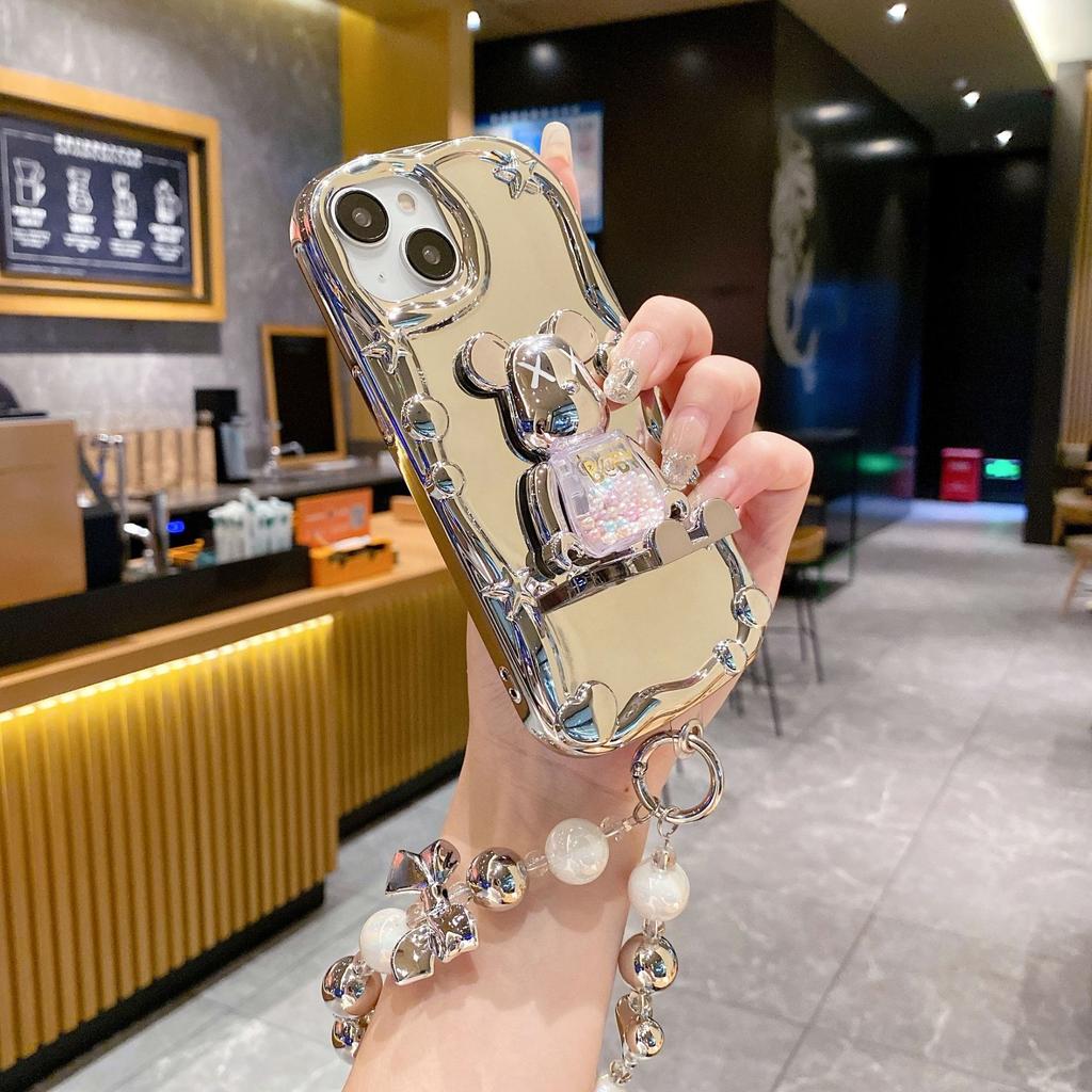 Electroplated mirror surface for Apple 15 violent bear quicksand bracket 16 bracelet iPhone14 soft case mobile phone case