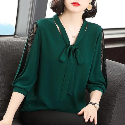 Hauts Blouses Femme Printemps Été Manches Demi-Dentelle Style Décontracté Col Cravate Nœud Ample Blouses Hauts