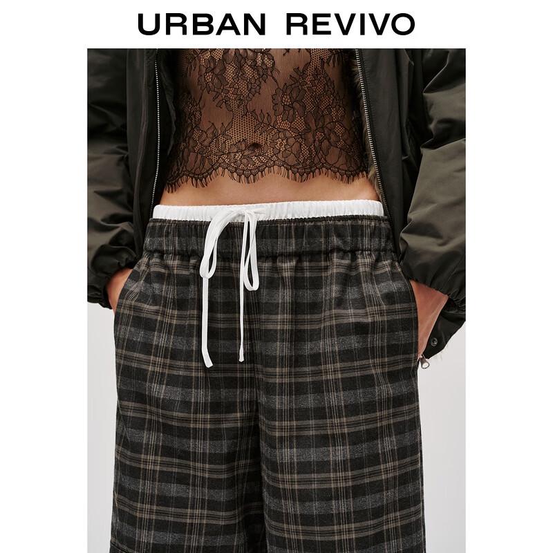 UR2025 Women's Split Waist Drawstring Retro Plaid Wide-Leg Pants