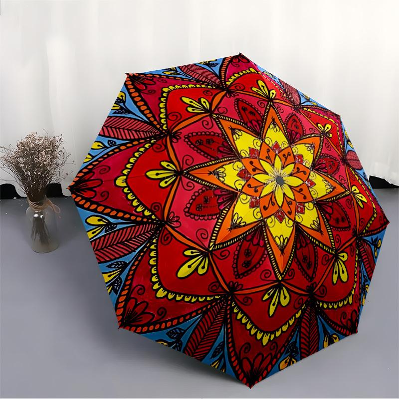 1pc Mandala Art Automatic Open, Sturdy Iron Frame, Compact Folding Design, All-Season Portable Umbrella for Women & Men, Outdoor Umbrella yy