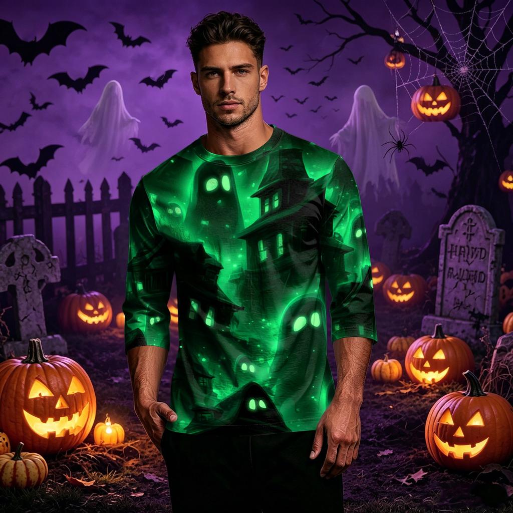 Men's Casual Halloween Printed Crew Neck T-Shirt Three Quarter Sleeve Top Lightweight Comfortable Fit for Everyday Wear