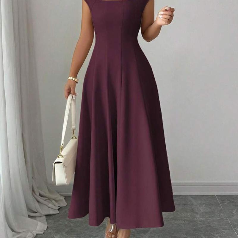 European Style Women Clothing Elegant Maxi Dress Square Neck Short Sleeve L