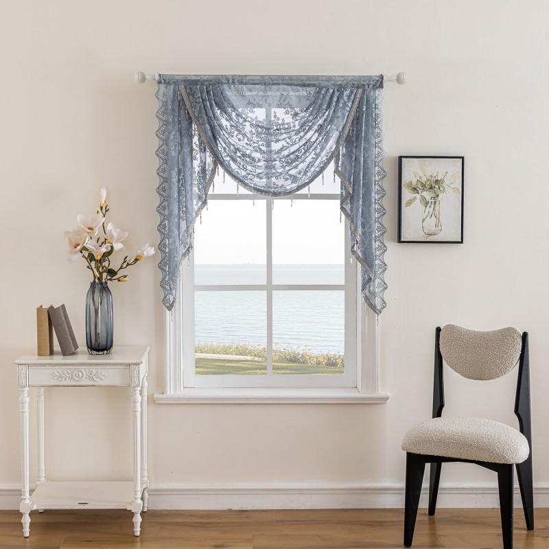 Elegant Tiered Valance Curtain With Lace Trim Rod Pocket Semi-Sheer Floral Checkered Living Room Bedroom