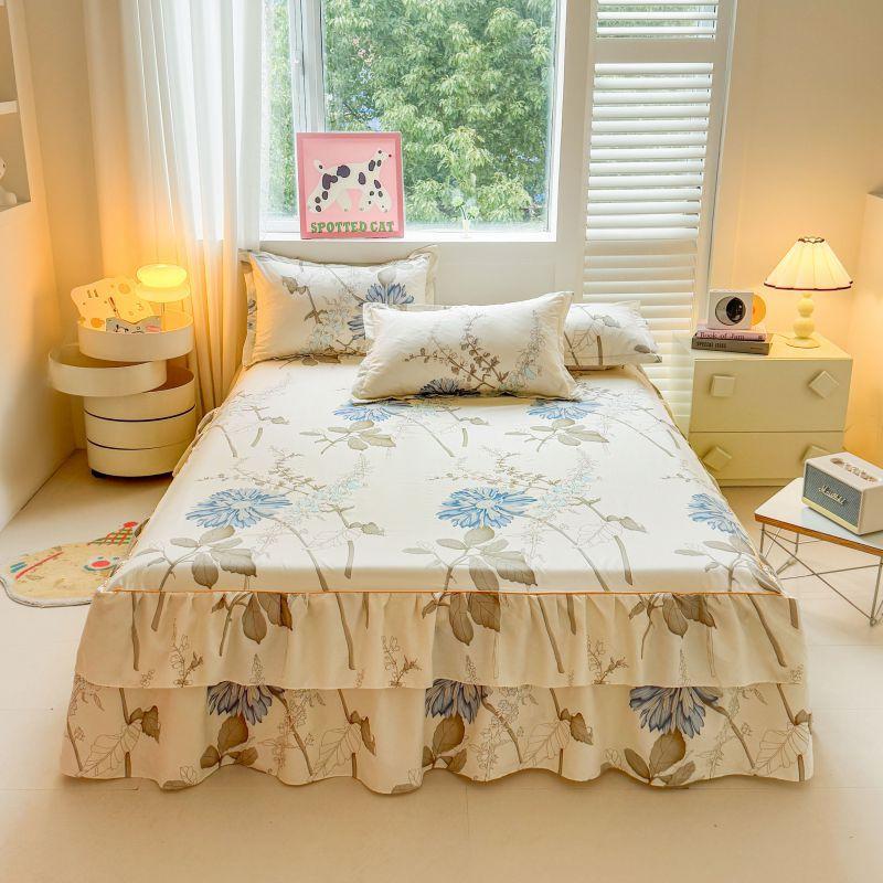 3pcs Modern Korean Floral Bed Skirt Set with Lotus Leaf Embellishments and Princess Floral Pattern, All-Season Brushed Light Beige-Friendly Bedding