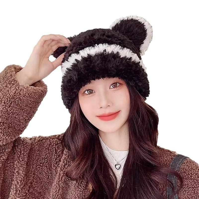 Winter Korean version of warm ear protection plush hat women's new bear ears plush thickened cold-proof knitted hat shows small face