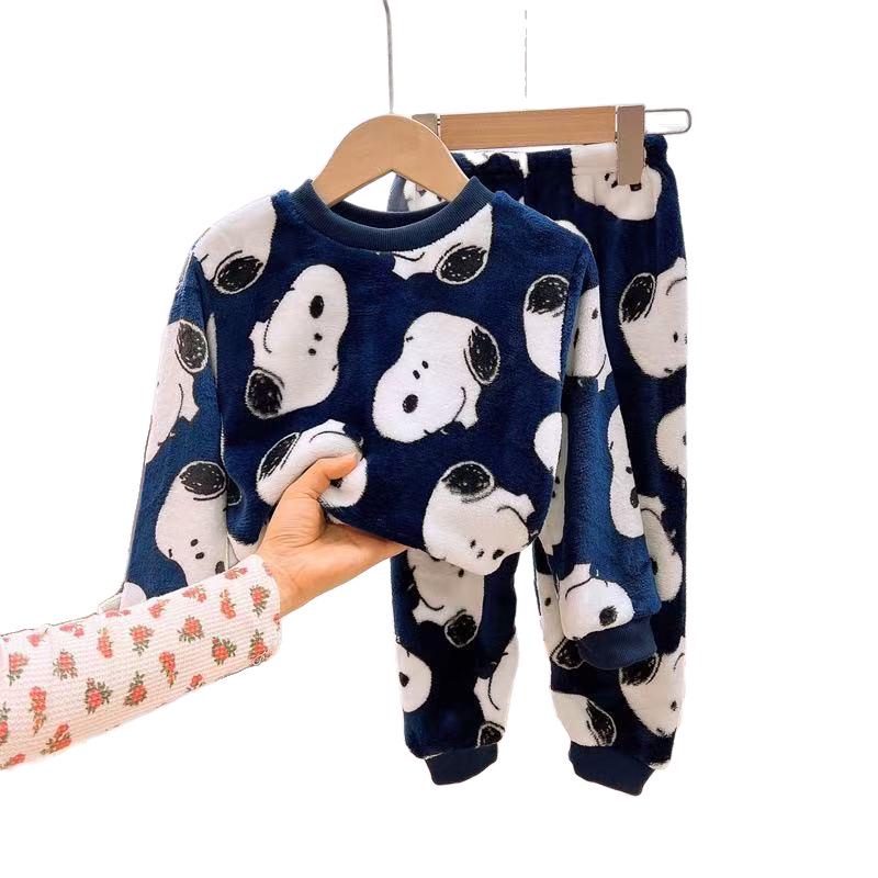 Children's Coral Fleece Flannel Pajamas - Cartoon Round Neck, Thickened Velvet Set for Boys, Girls, Babies