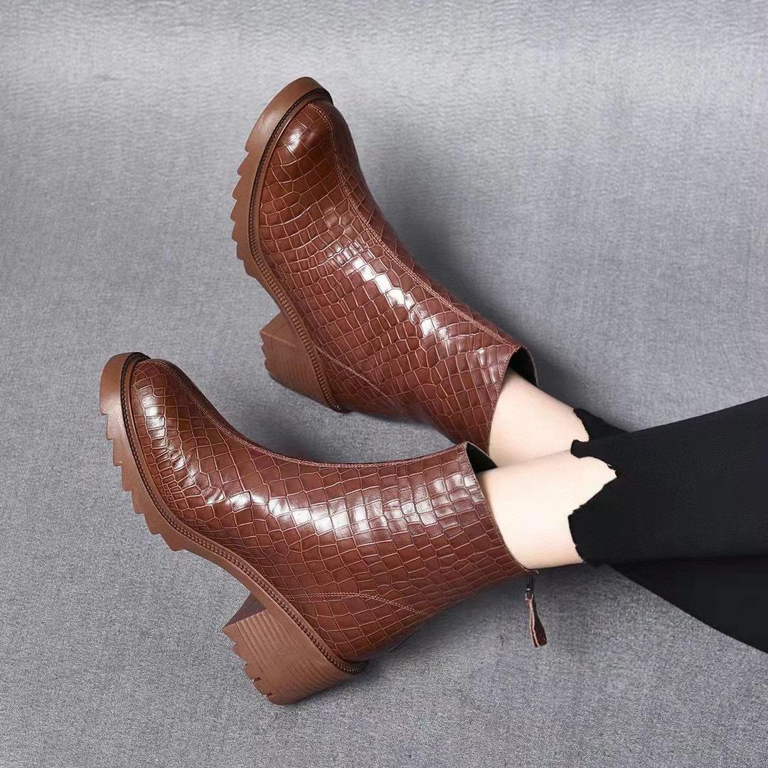 

Кожаные ботинки женские ботинки осень и зима новые круглый носок задняя молния толстый каблук короткие ботинки узор под камень коровья кожа ботинки Мартин 36