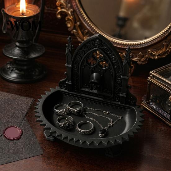 Vintage Church Accessory Holder Carving Design Storage Box, Matte Black Desktop Organizer for Rings Gothic Decor Bracelets Goth Decor, Style