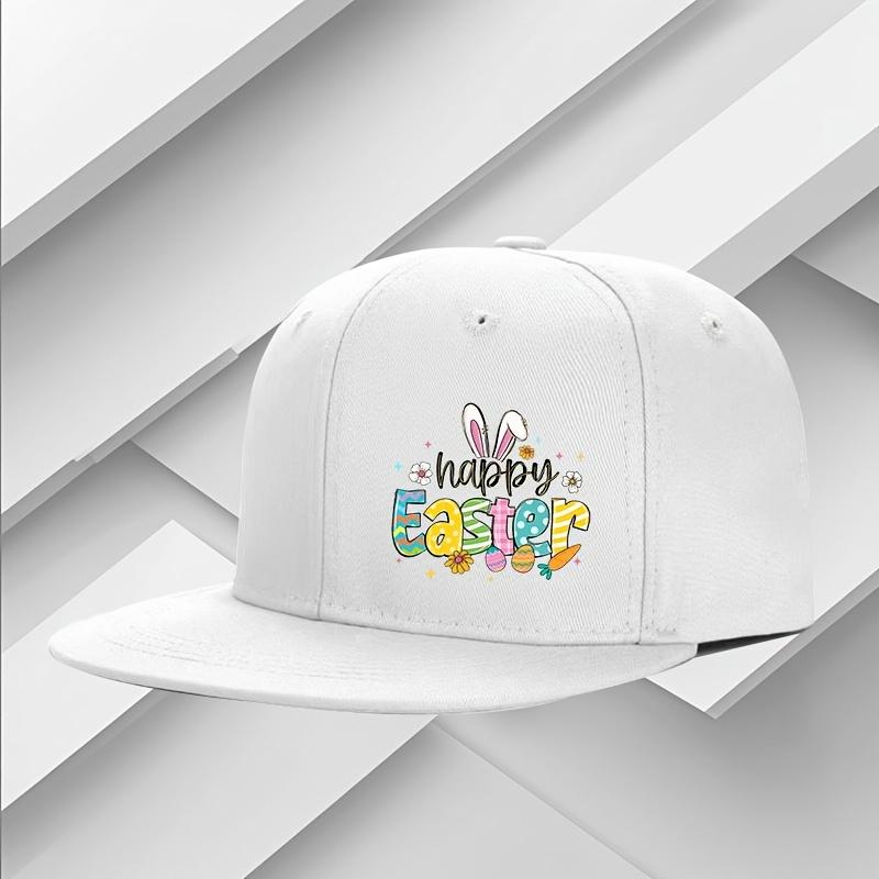 Happy Easter Bunny Graphic Flat Brim Baseball Cap Polyester Adjustable Snapback Hat Unisex One Size