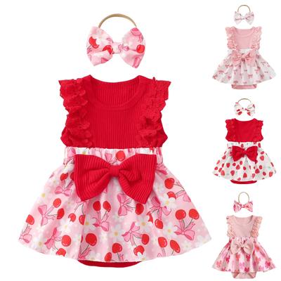 Baby Girl Bodysuit Dress with Bowknot Decoration Lace Trim Embroidered Floral Skirt Baby Romper with Headband Infant One Piece Outfit