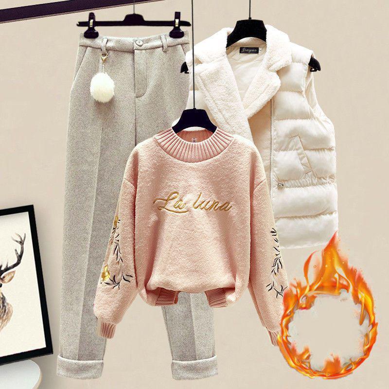Cotton Jacket Vest Long Sleeved Sweater Pullover Woolen Pants Elegant Women's Pants Set