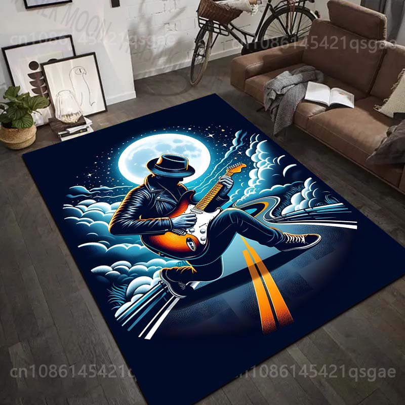 Mehrere Größen Gitarrist unter Vollmond Teppich für Wohnzimmer Schlafzimmer Sofa Heimdekoration Rus Rutschfeste Bodenmatte Luxusgeschenk