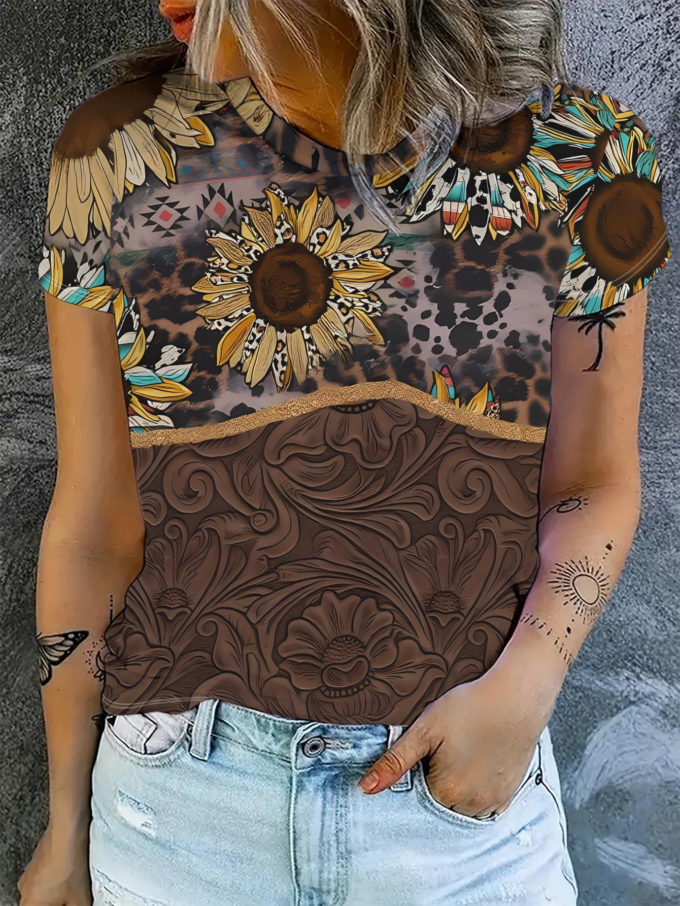 

[Printed Design- No Texture] Women s Short-Sleeve Top. Leopard Sunflower Print. Brown Pattern on the Bottom. Fashionable Style 2XL дубильная кора
