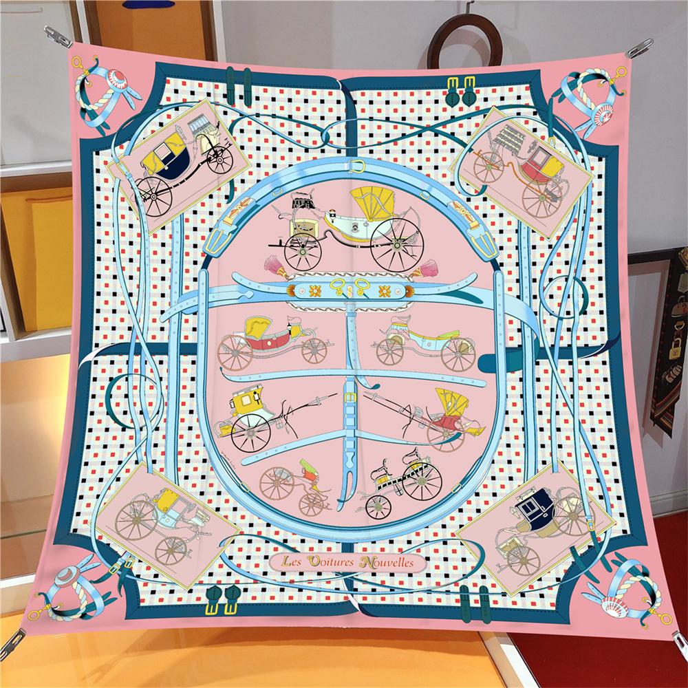 Silk Scarf Women Carriage Print Square Scarves Head Echarpes Silk Foulards Femme Wraps Beach Shawls Bandana Lady Hijabs 90CM