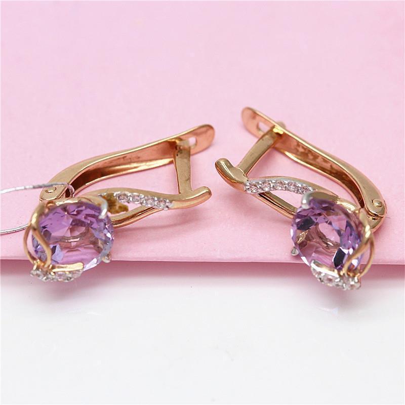 Exquisite Russian Purple Gold Classic Inlaid With Purple Gemstones, Shiny Women'S Rose Gold-Plated Drop-Shaped Earrings For Women