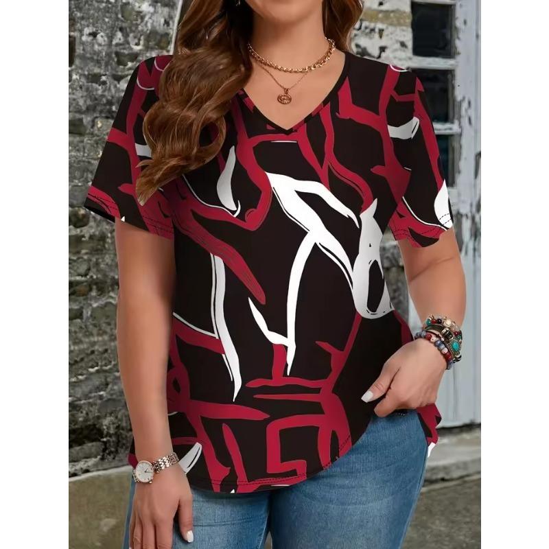3D T-shirt Women Summer Casual Elegant Simple V-neck Short-sleeved Floral Retro Top Loose Casual Wear Ladies T-shirt