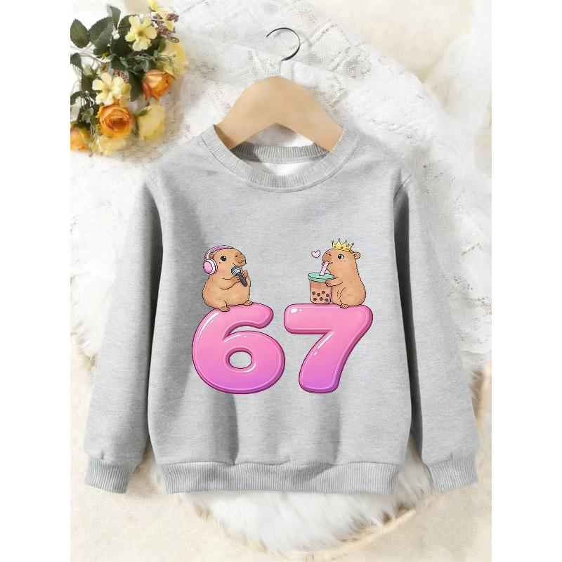 Unisex Kids Crewneck Sweatshirt, Cute Capybara Bubble Tea Pink 67 Number Print Pullover, Boys Girls Cartoon Sweatshirt For Kids Over 4 Years Old