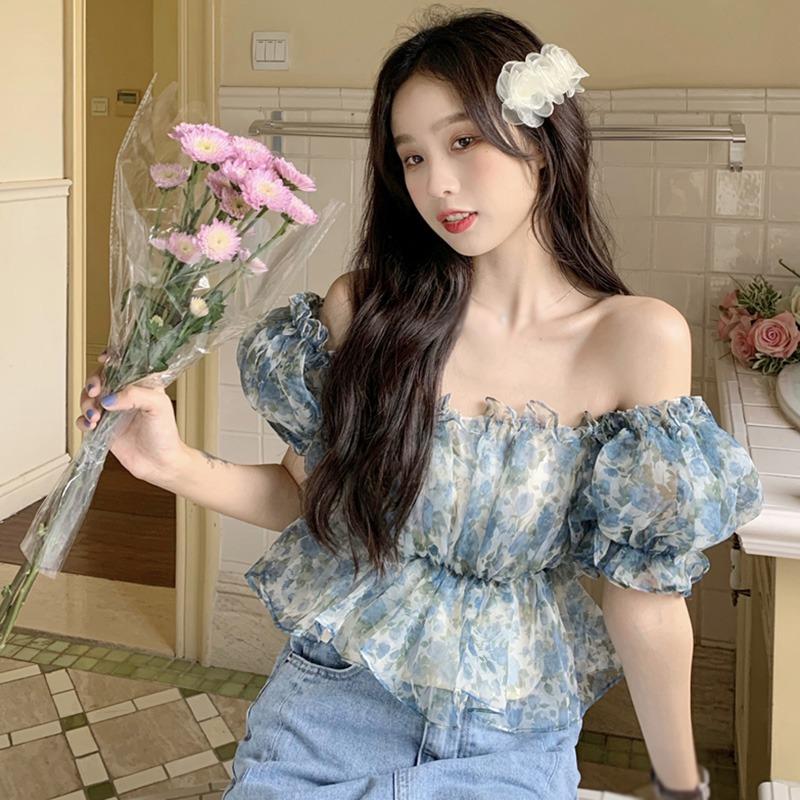 Dámské halenky Letní síťované s květinovým potiskem Houba Jidášovo ucho Strečová košile Pufované krátké rukávy Zkrácený top