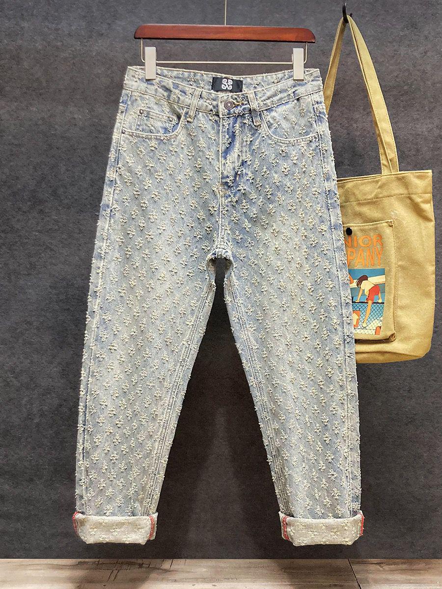 

Дизайнерские мужские джинсы весна/лето с рваными широкими штанинами из жаккарда в стиле ретро 33 светло-синий