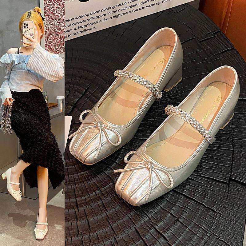 Fashion 2025French Retro  Jane Shoes Woman Beige Elegant  Shoes Comfort Versatile Bowknot Single  chaussure femme