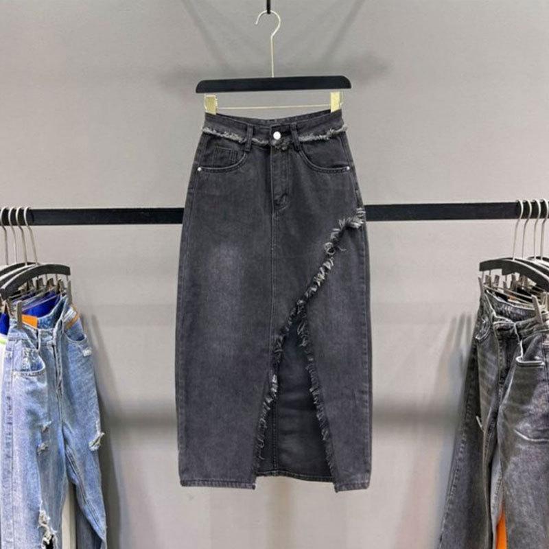 Trendy Spicy Girl Slit Denim Midi Skirt - Women’s High Waist Irregular A-Line Frayed Design
