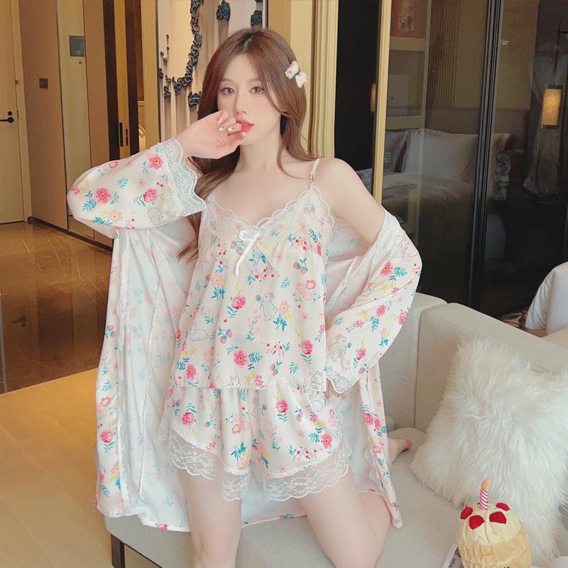 Pajamas women's spring and summer ice silk long-sleeved suspender shorts nightgown three sets with chest pads sexy lace seduction loungewear