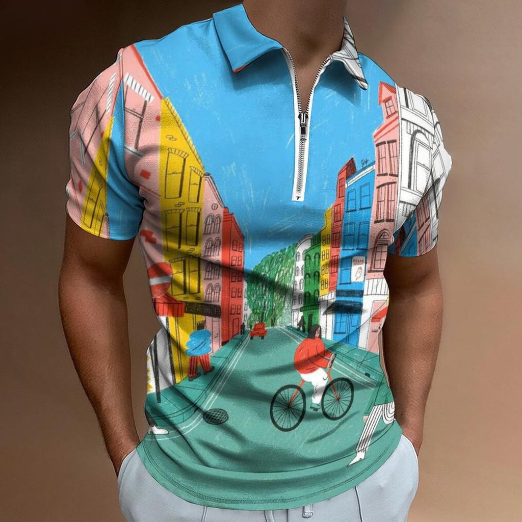 Zip Collar Short-sleeve Polo Shirt, With Global Landmarks Print, Stylish Casual Top