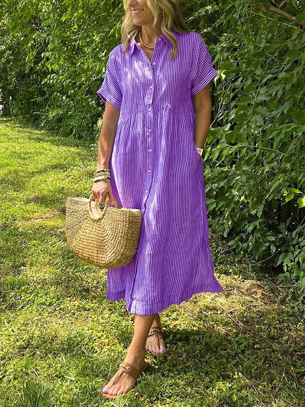 European and American Plus Size Striped Short-Sleeve Shirt Dress - Women's Summer Casual Midi Skirt
