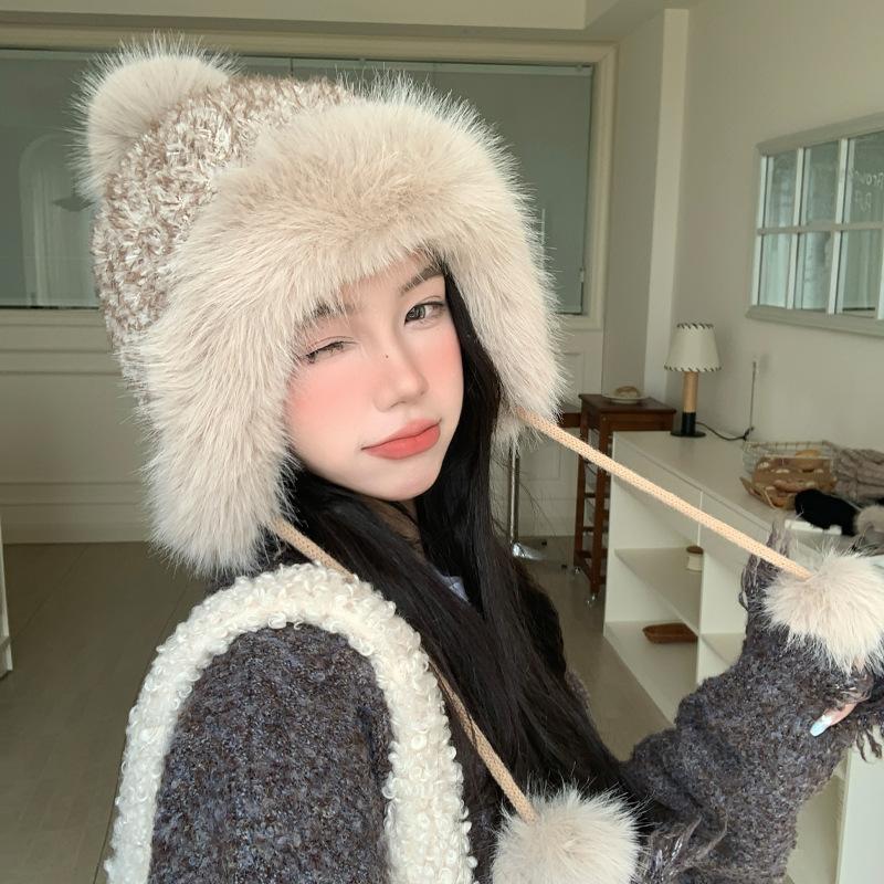 Korean Versatile Big Head Circumference Plus Velvet Thickened Warm Hat In ColdSeason Cute Fur Ball Bag Head Hat Windproof Ear Protection Hat Women