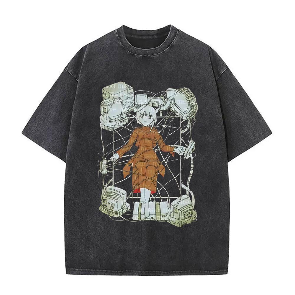 Washed Vintage Anime Serial Experiments Lain Face Graphic Tshirt Manga Girl Sci Fi Yk T Shirt Men Women Cotton Retro Tshirts