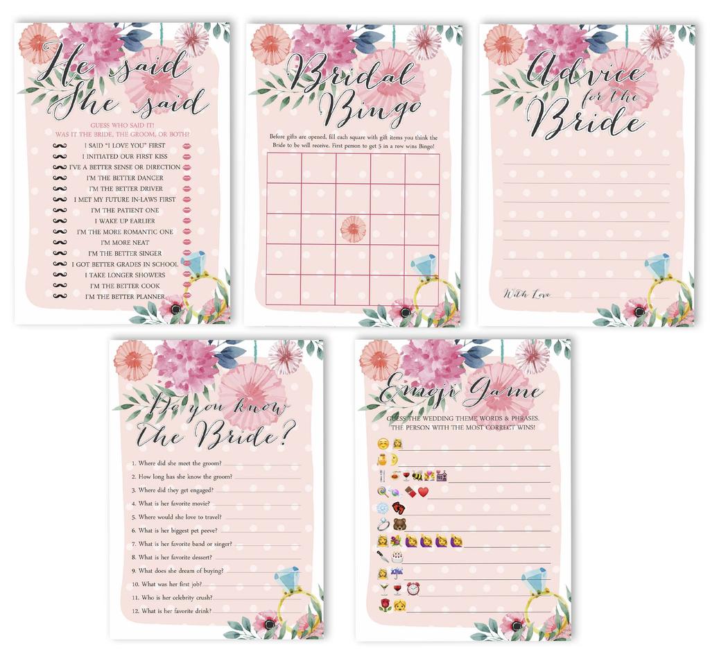 Inkdotpot Floral Theme Bachelorette Party Games Set of 5 (Activities for 50 Guests) Fun Bridal Shower Games Set Bundle