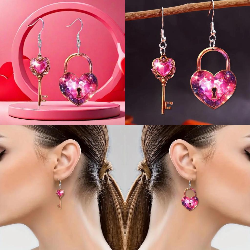 Heart Shaped Sweet Lock And Key Design Acrylic Women Pink Earrings Jewelry