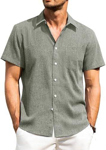 Alimens & Gentle Men's Linen Shirt Short Sleeve Button Up Shirt Wrinkle Free Casual Vacation Beach Summer