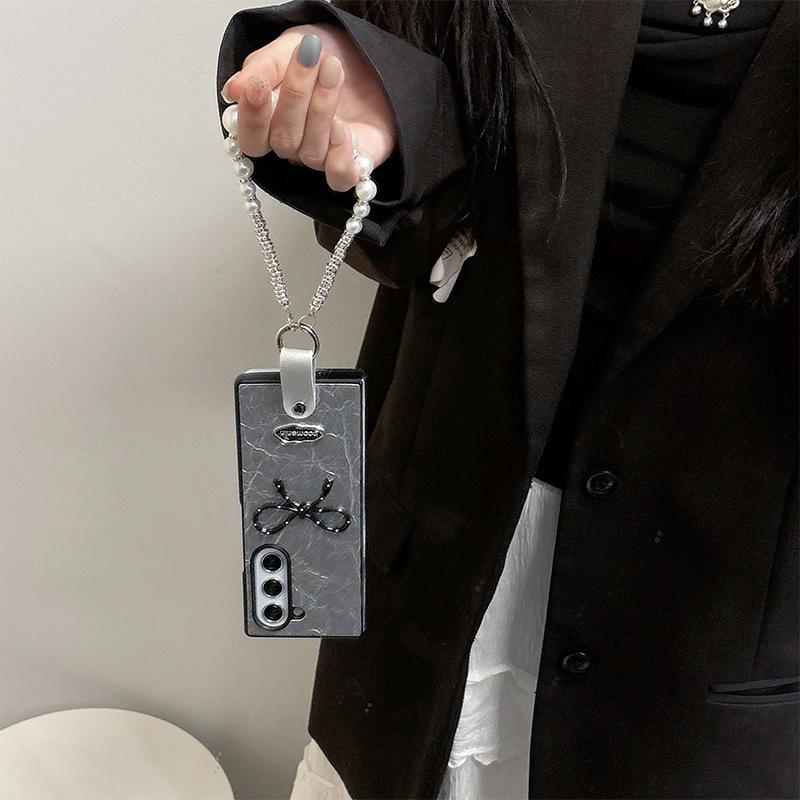 Folding Screen Flip Leather Phone Case for Samsung Zflip6 Portable Rope OPPOFindn3Flip Bow