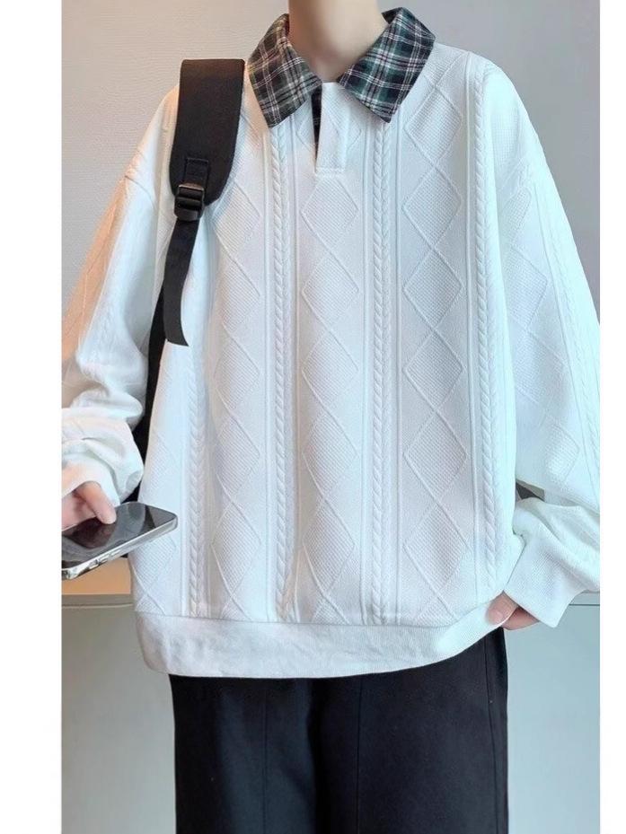 Men's Retro Color Block Plaid Long Sleeve Polo Collar Hoodie
